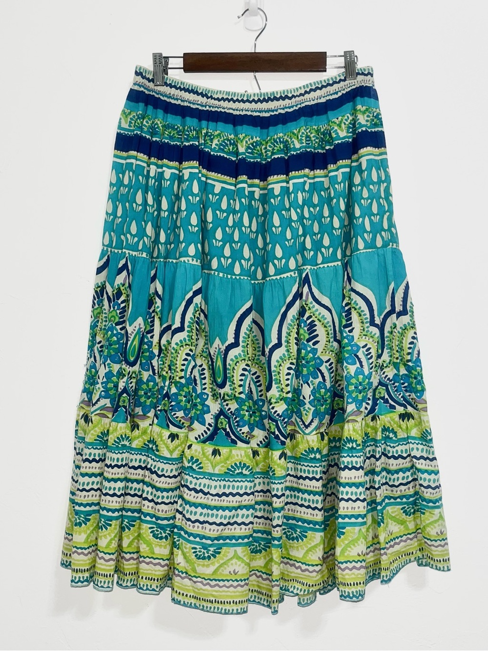 Vintage Phool Teal Boho Tiered Cotton Maxi Broomstick Skirt L